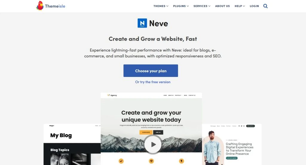 Halaman resmi Neve, tema WordPress ringan dengan desain mobile-first