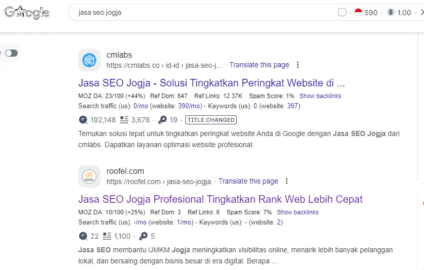 Contoh hasil optimasi SEO dengan keyword jasa SEO Jogja