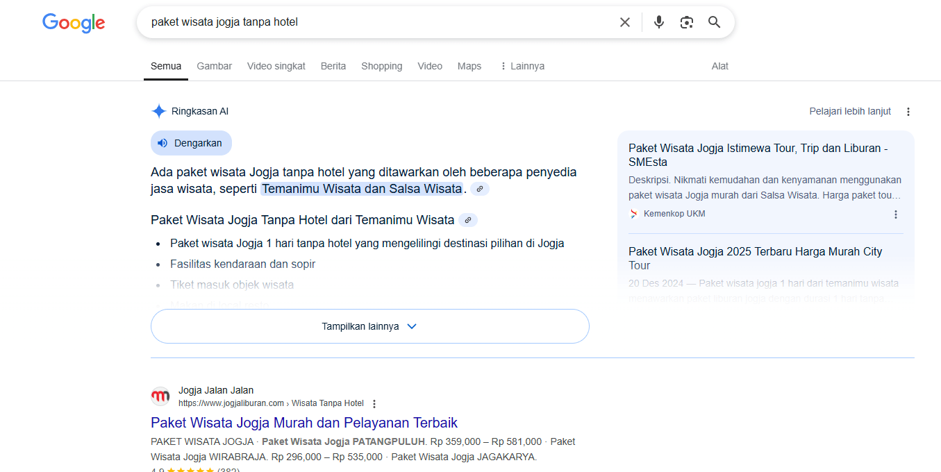 Contoh hasil optimasi SEO untuk bisnis paket wisata di Jogja
