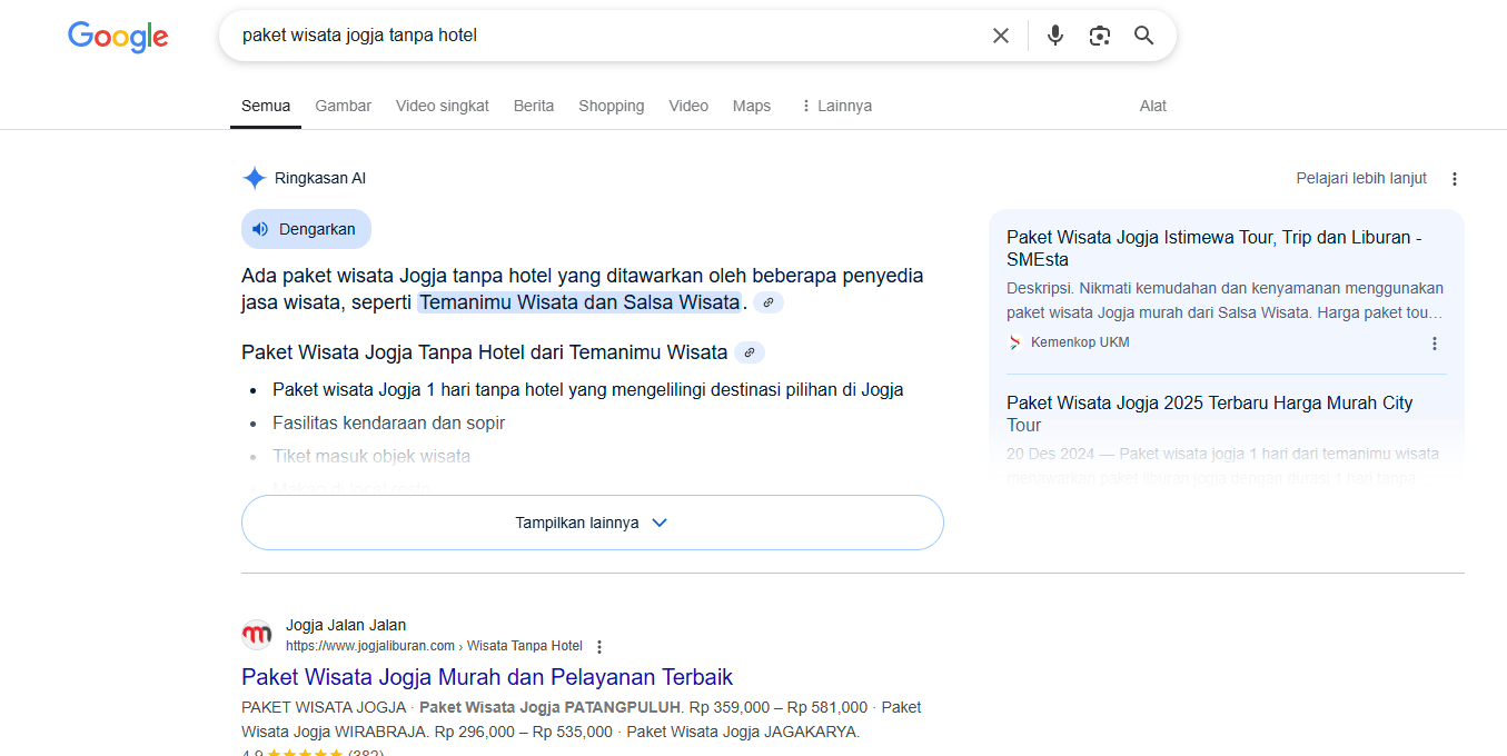 Contoh hasil optimasi SEO untuk bisnis paket wisata di Jogja