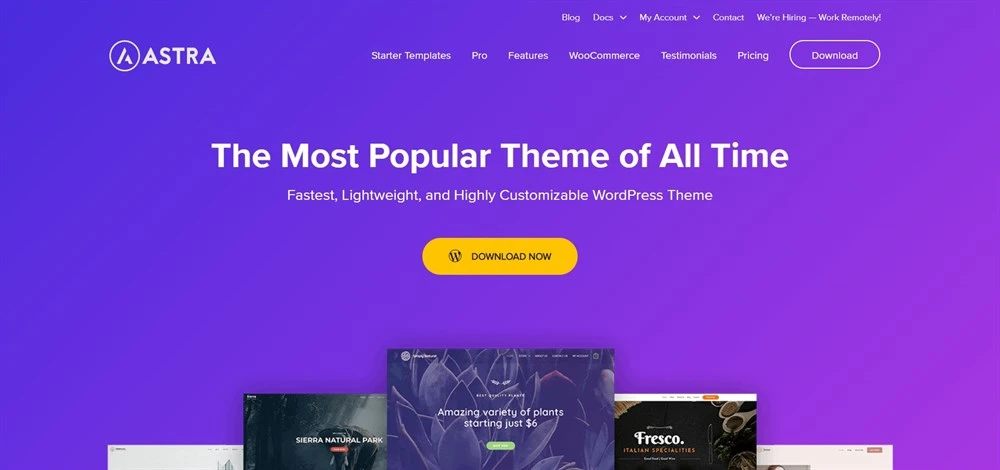 Halaman resmi Astra, tema WordPress ringan dengan ratusan starter template siap pakai