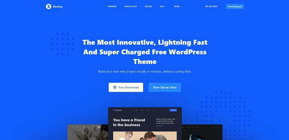Halaman resmi Blocksy, tema WordPress ringan yang dibuat untuk editor blok Gutenberg