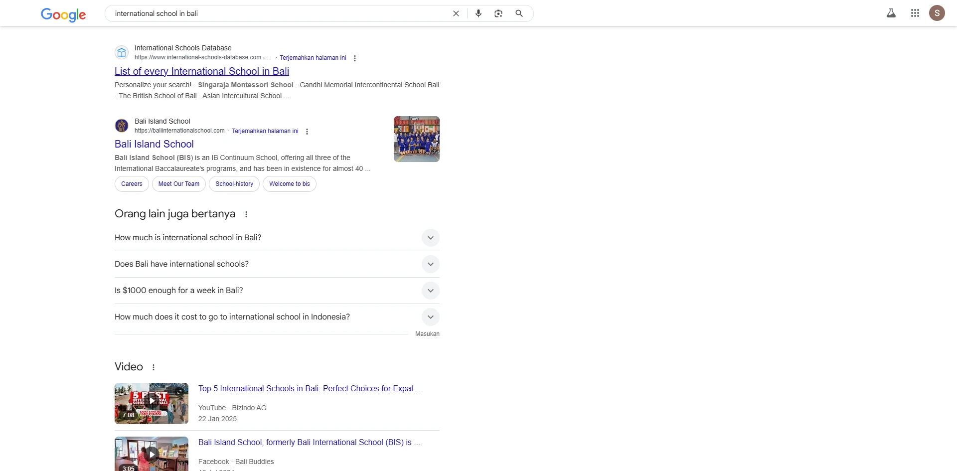 Keyword ranking Bali International School setelah optimasi SEO