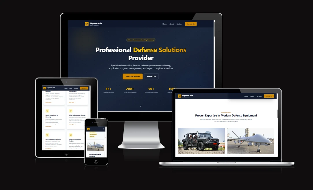 Website company profile GAPower Asia untuk perusahaan defense procurement consulting dan advisory