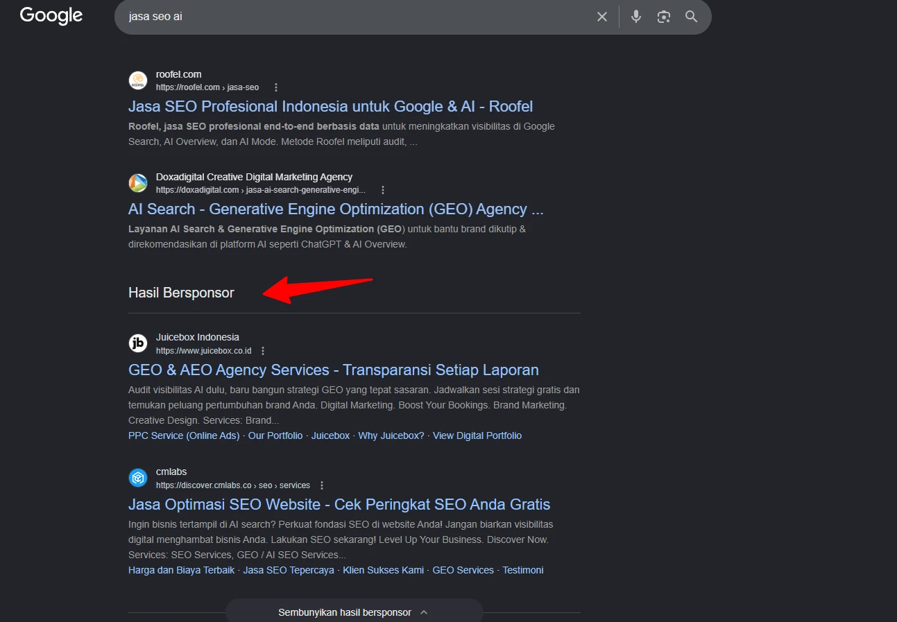 Contoh gambar hasil organic search dan non organic search