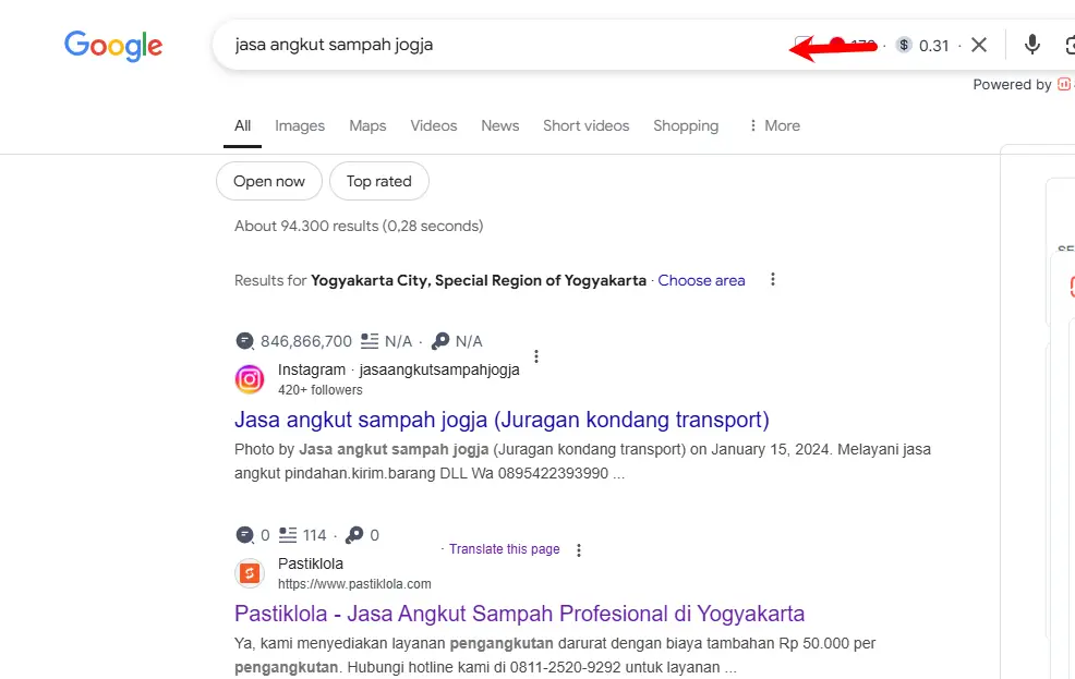 Hasil optimasi SEO Pasti Klola untuk keyword jasa angkut sampah Sleman dan Bantul