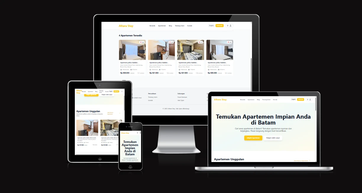 Portofolio pembuatan website booking apartemen Altara Stay Batam menggunakan Nuxt dan Strapi