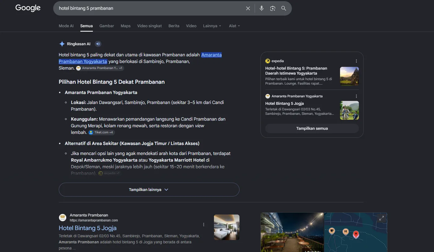 Google AI Overview menampilkan Amaranta Prambanan sebagai hotel bintang 5 utama di kawasan Prambanan