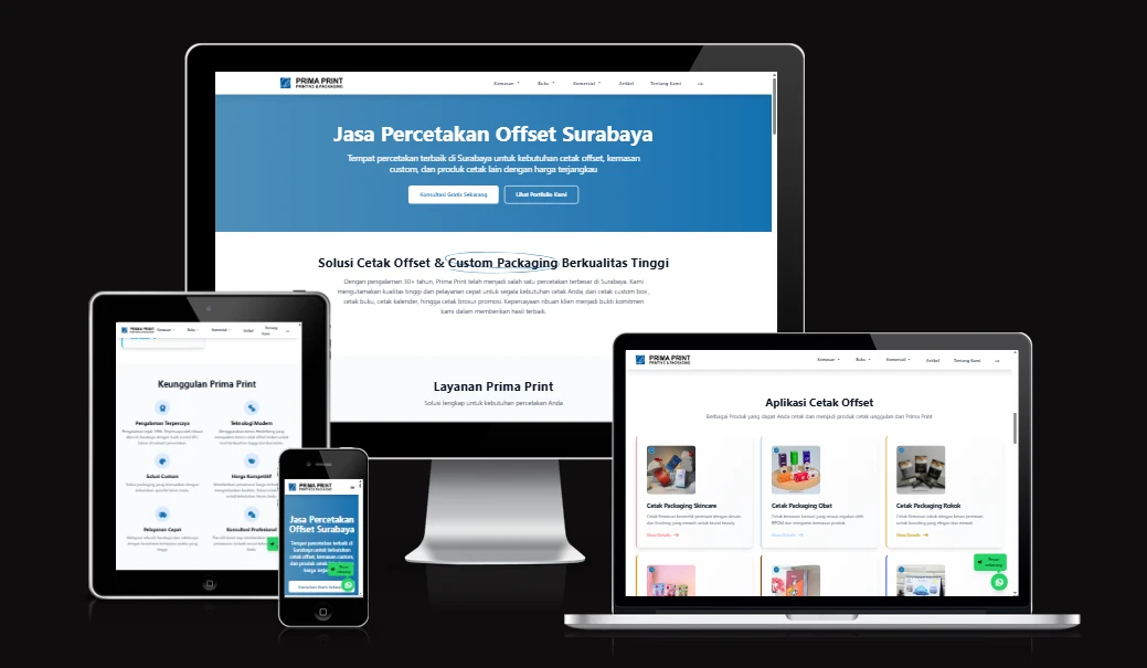 Website Prima Print jasa percetakan offset Surabaya tampil di desktop, tablet, dan mobile