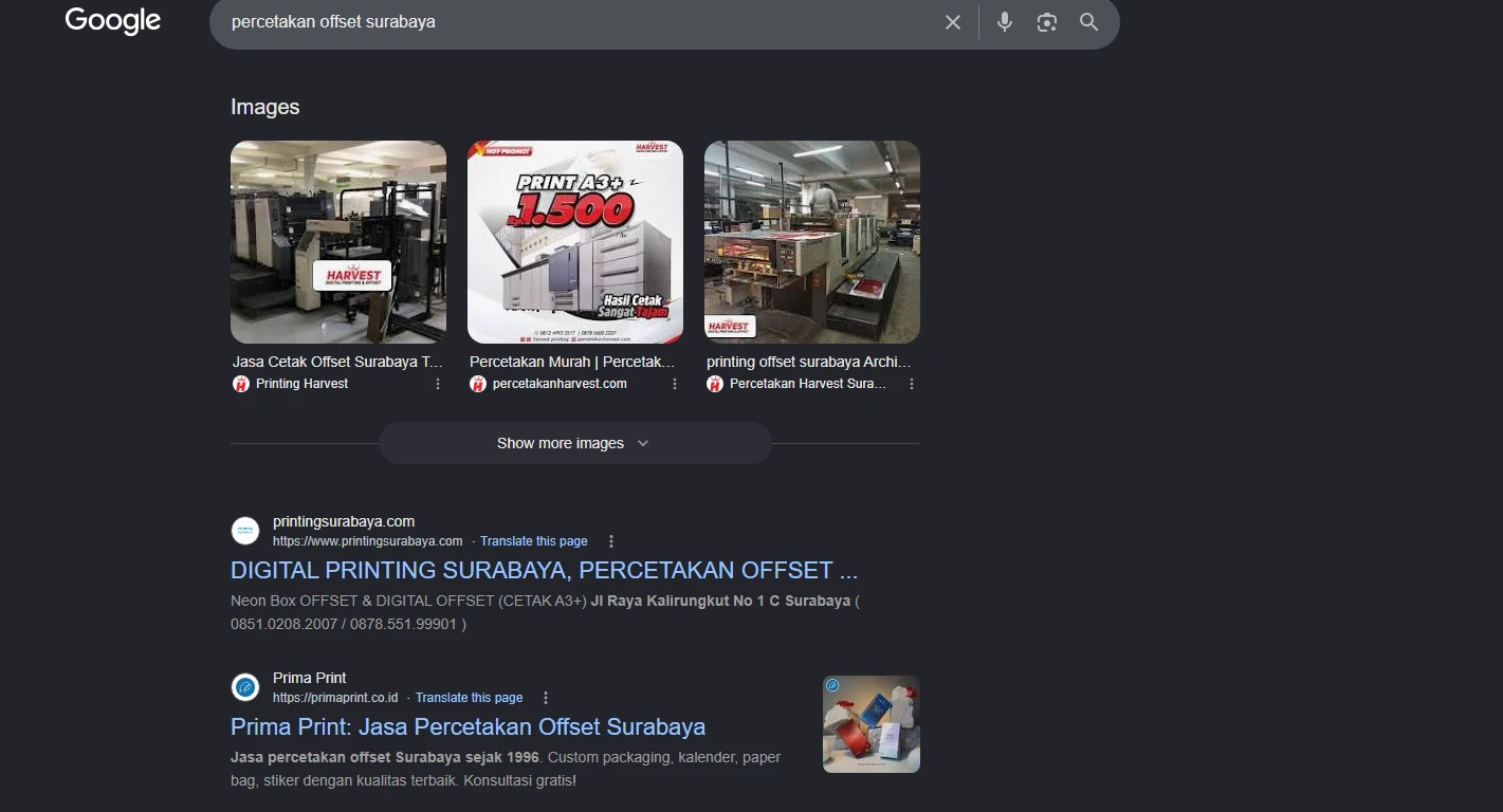 Prima Print masuk halaman 1 Google untuk kata kunci percetakan offset surabaya