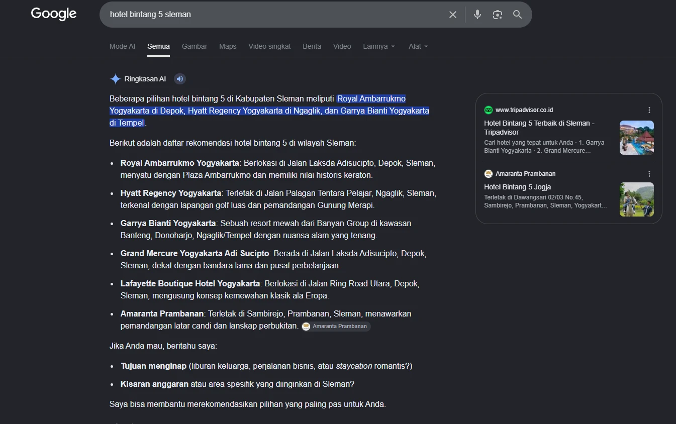 Google AI menampilkan kartu entitas Amaranta Prambanan lengkap dengan kategori hotel bintang 5, rating, dan harga untuk pencarian lingkup Yogyakarta