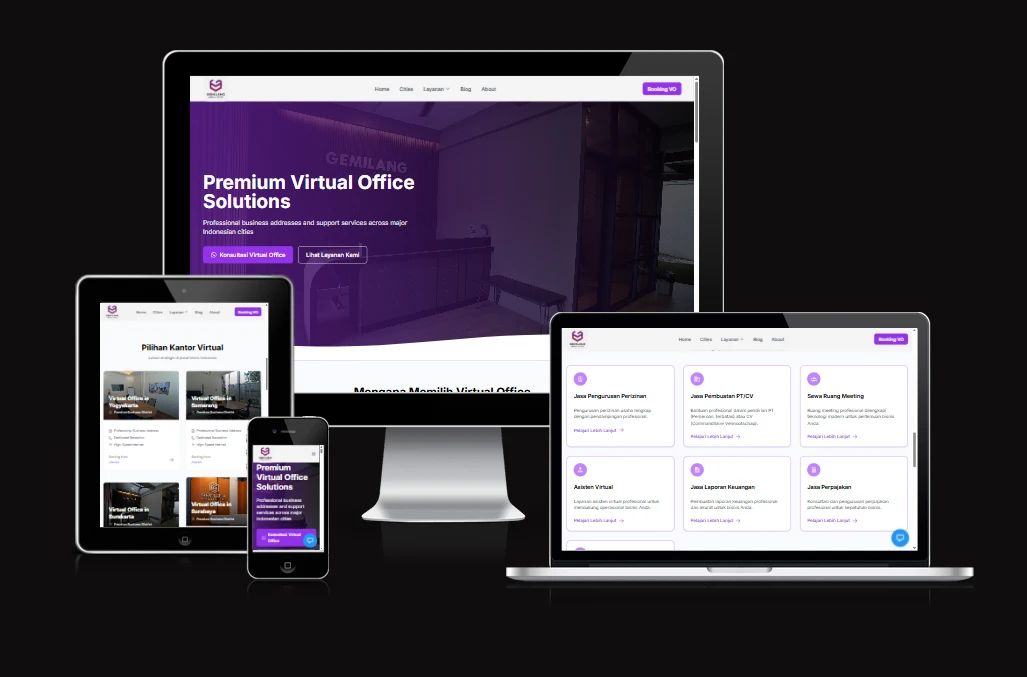 Website company profile Gemilang Virtual Office untuk layanan kantor virtual dan pendukung perusahaan